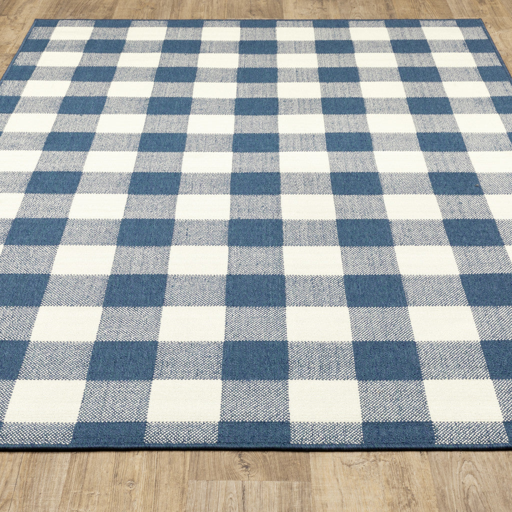 8' x 11' Blue and Ivory Geometric Stain Resistant Indoor Outdoor Area Rug