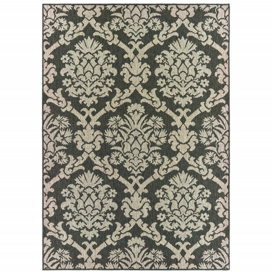 10' x 13' Gray Floral Stain Resistant Indoor Outdoor Area Rug