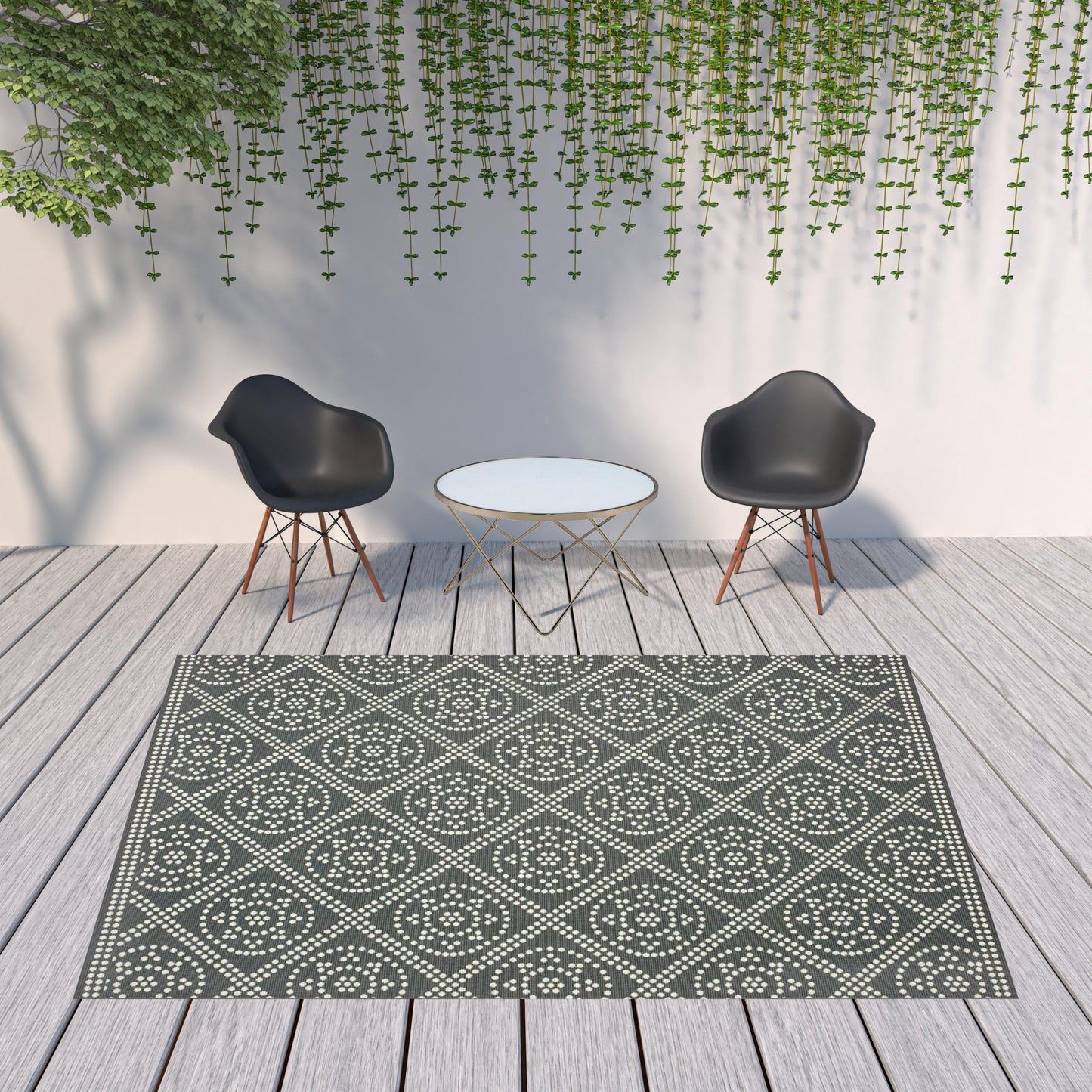 8' x 11' Gray and Ivory Geometric Stain Resistant Indoor Outdoor Area Rug