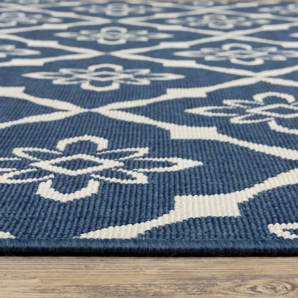 4' x 6' Blue and Ivory Floral Stain Resistant Indoor Outdoor Area Rug