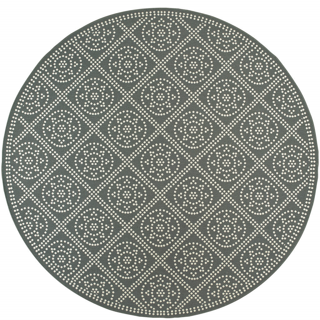 8' x 8' Gray and Ivory Round Geometric Stain Resistant Indoor Outdoor Area Rug