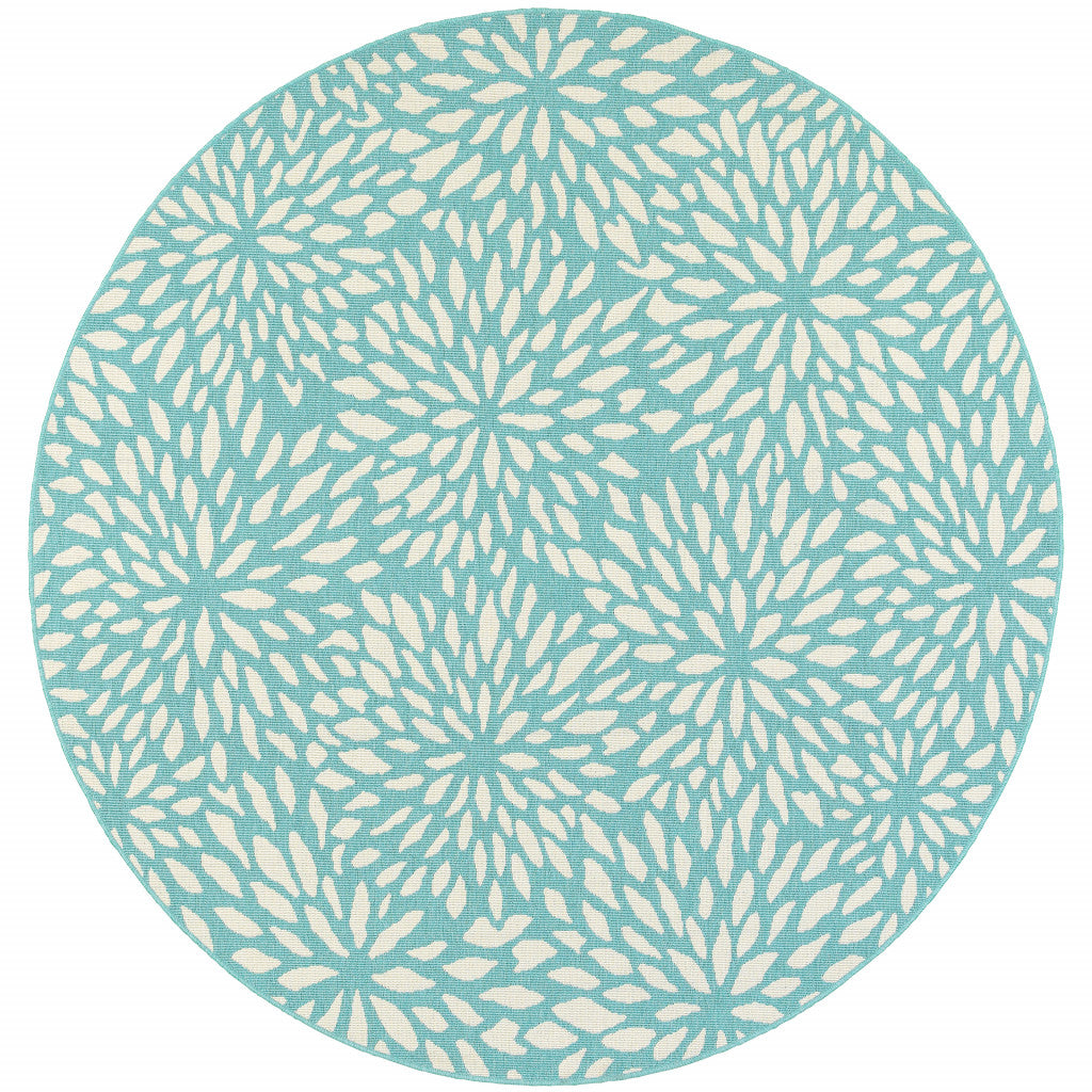 8' x 8' Blue and Ivory Round Floral Stain Resistant Indoor Outdoor Area Rug
