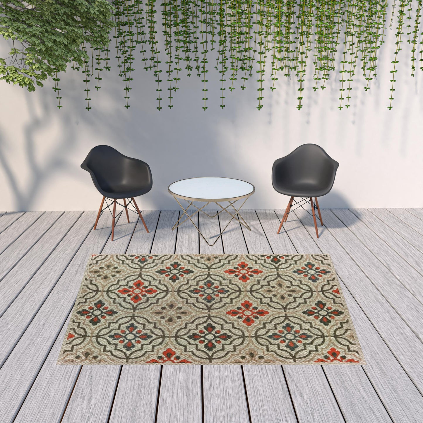 7' x 9' Gray Geometric Stain Resistant Indoor Outdoor Area Rug