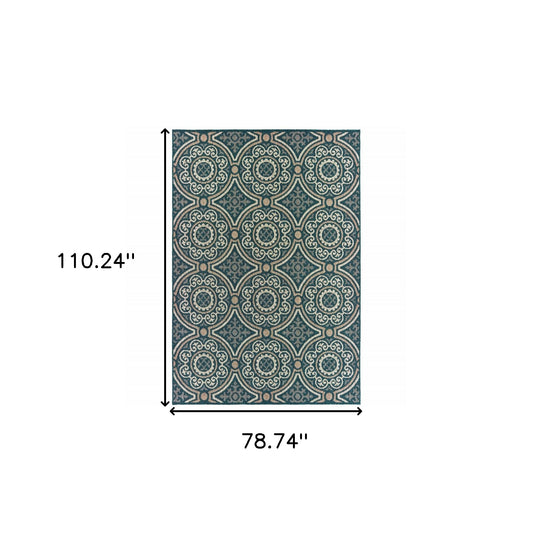 7' x 9' Blue and Gray Geometric Stain Resistant Indoor Outdoor Area Rug