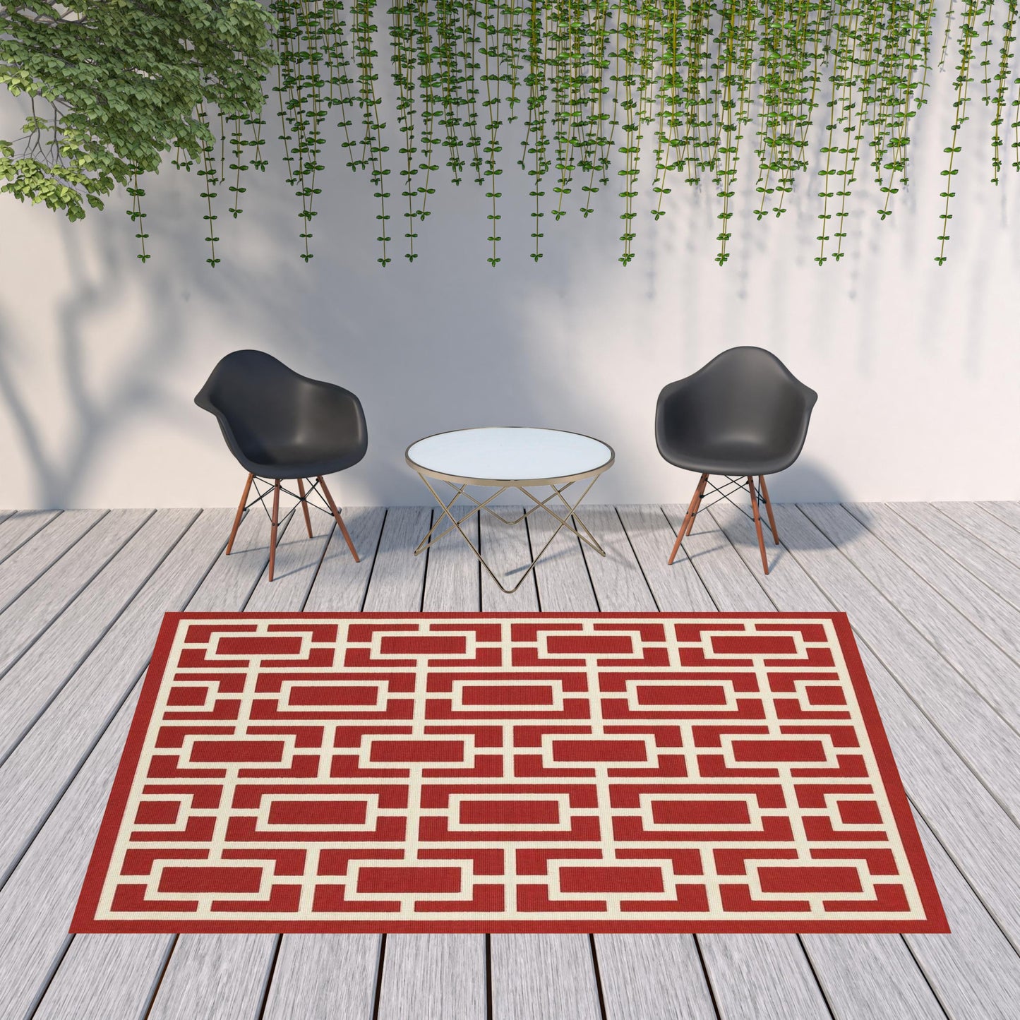 8' x 11' Red and Ivory Geometric Stain Resistant Indoor Outdoor Area Rug