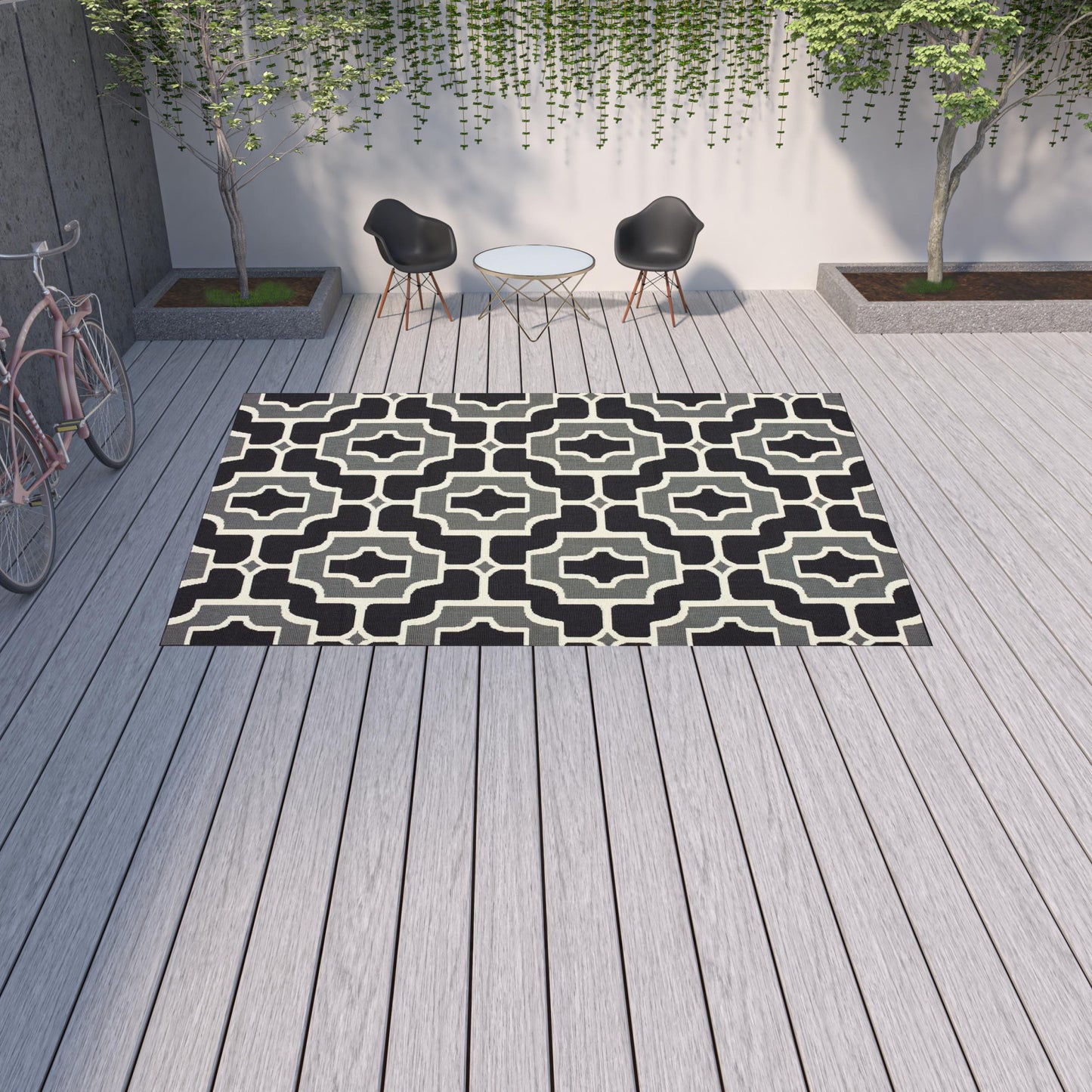 9' X 13' Black and Gray Geometric Stain Resistant Indoor Outdoor Area Rug