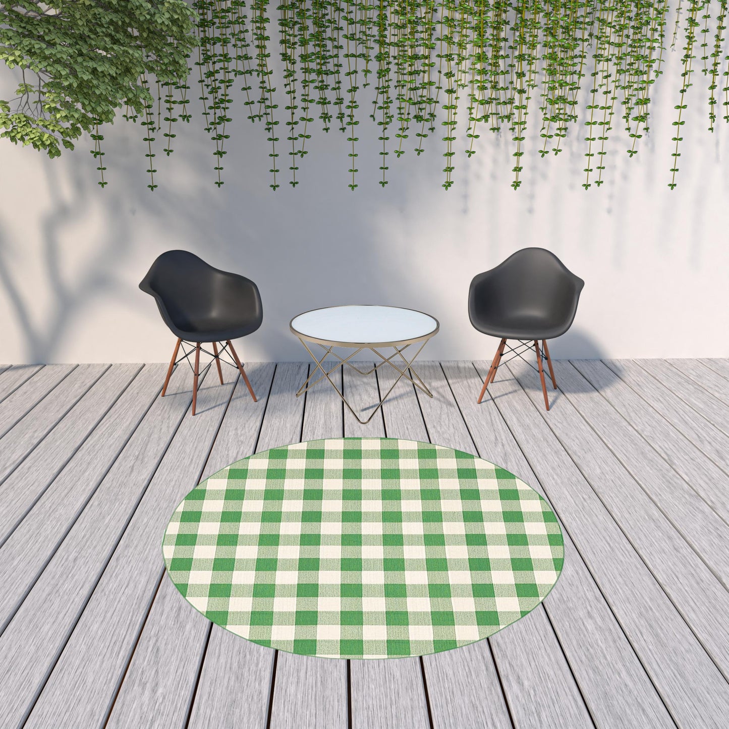 8' x 8' Green and Ivory Round Geometric Stain Resistant Indoor Outdoor Area Rug