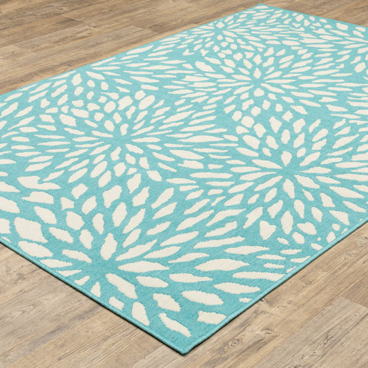 4' x 6' Blue and Ivory Floral Stain Resistant Indoor Outdoor Area Rug