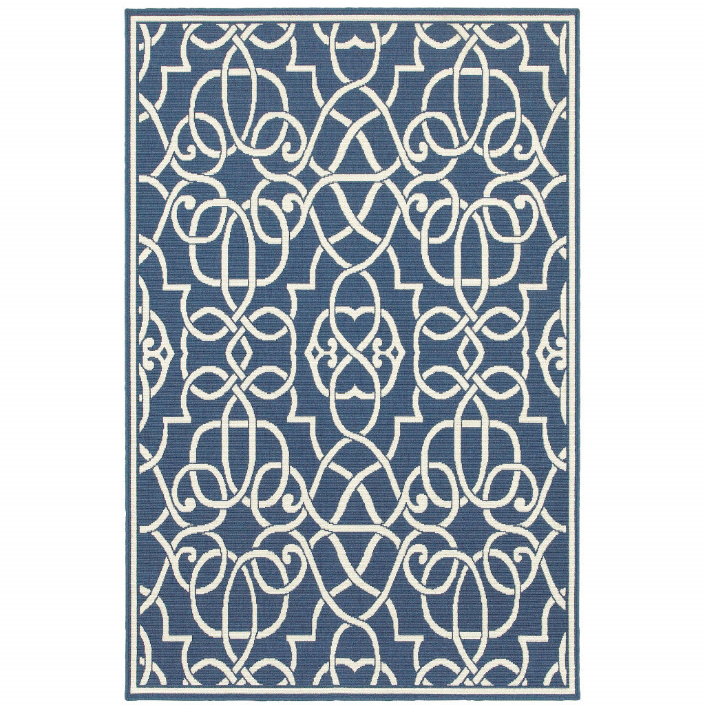 8' x 11' Blue and Ivory Geometric Stain Resistant Indoor Outdoor Area Rug