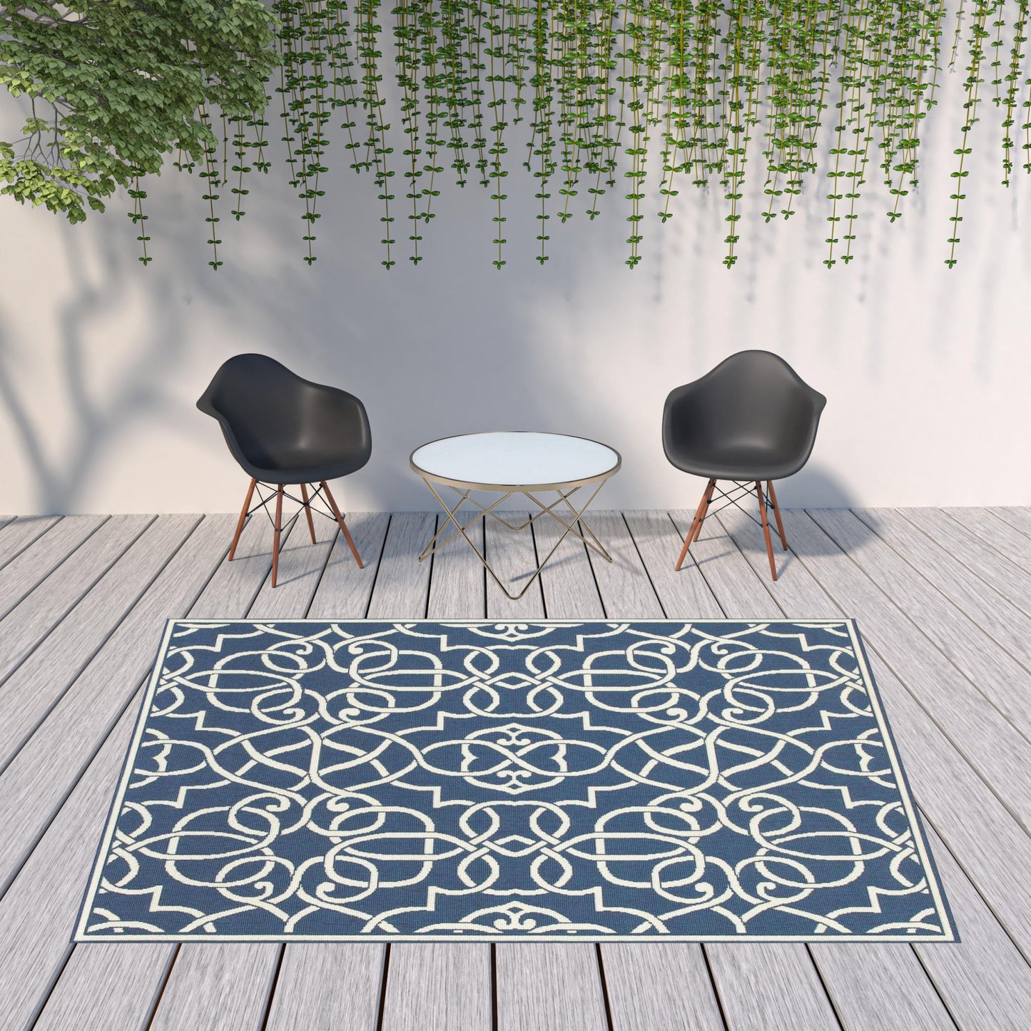 8' x 11' Blue and Ivory Geometric Stain Resistant Indoor Outdoor Area Rug