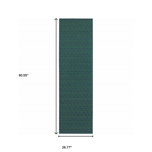 2' X 8' Blue and Green Geometric Stain Resistant Indoor Outdoor Area Rug