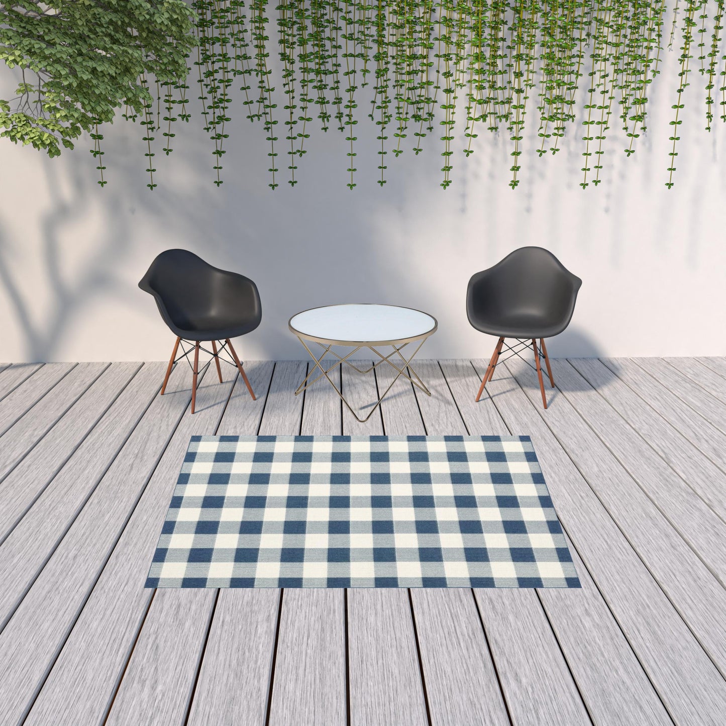 5' x 8' Blue and Ivory Geometric Stain Resistant Indoor Outdoor Area Rug