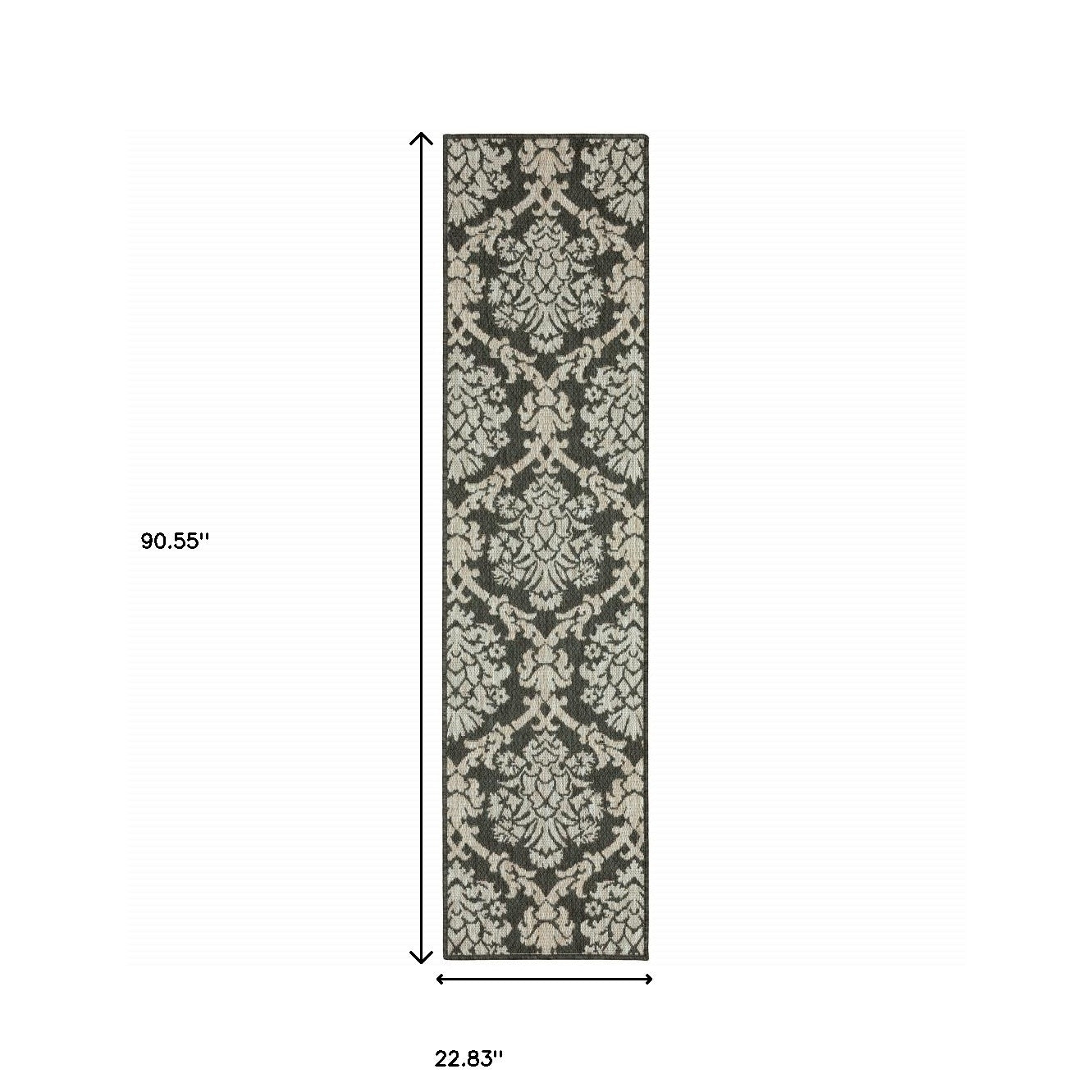 2' X 8' Gray Floral Stain Resistant Indoor Outdoor Area Rug