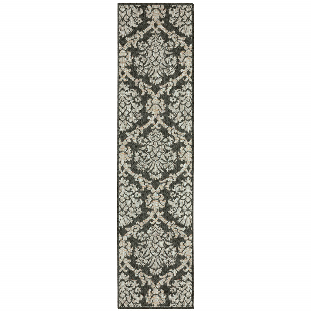 2' X 8' Gray Floral Stain Resistant Indoor Outdoor Area Rug