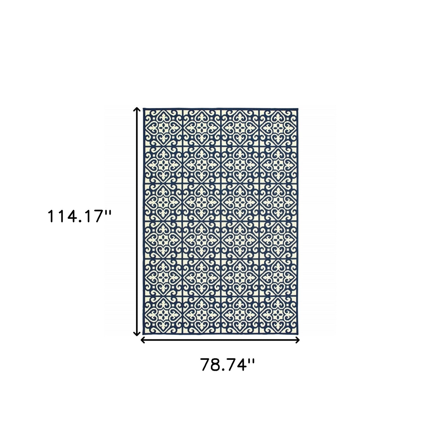 7' x 10' Ivory and Blue Geometric Stain Resistant Indoor Outdoor Area Rug