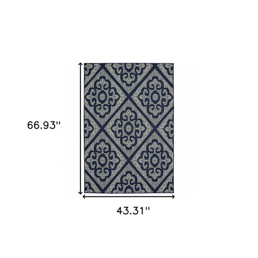 4' x 6' Blue and Ivory Geometric Stain Resistant Indoor Outdoor Area Rug