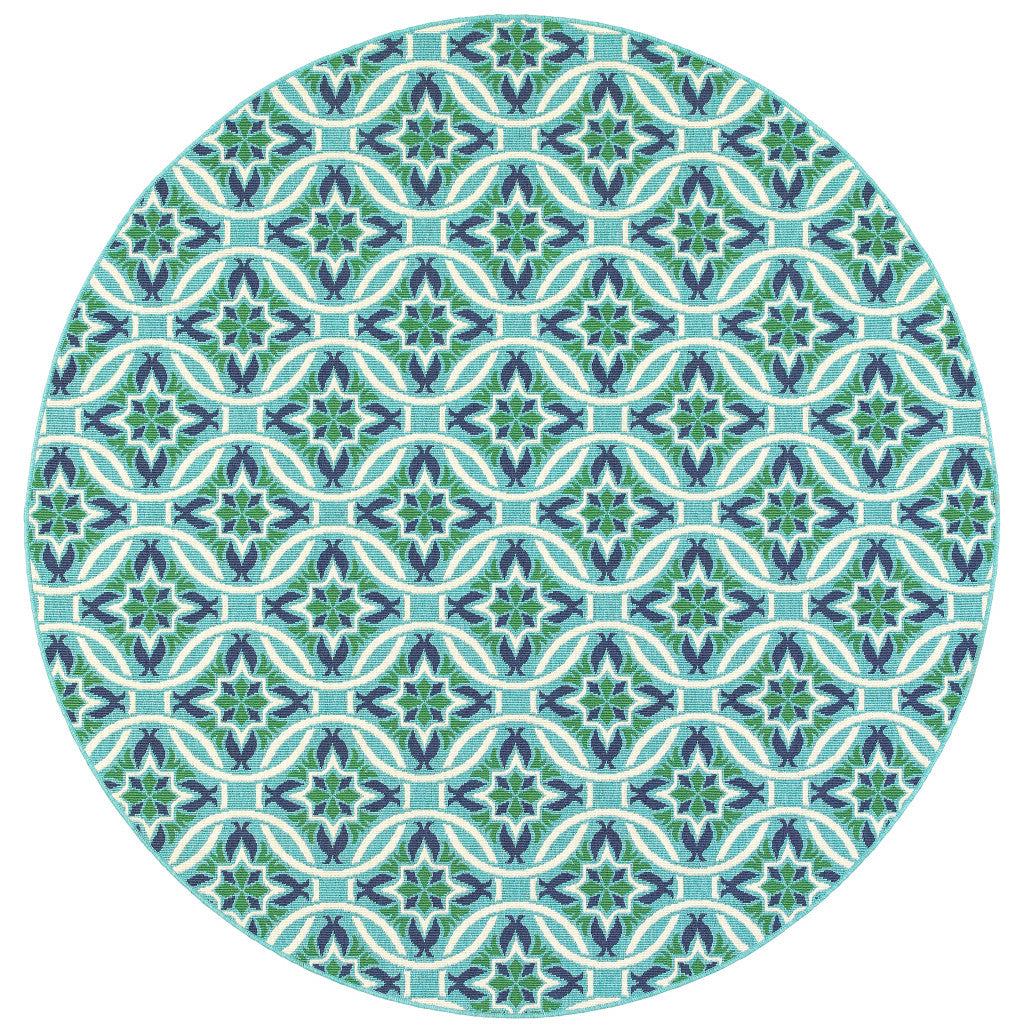 8' x 8' Blue and Green Round Geometric Stain Resistant Indoor Outdoor Area Rug