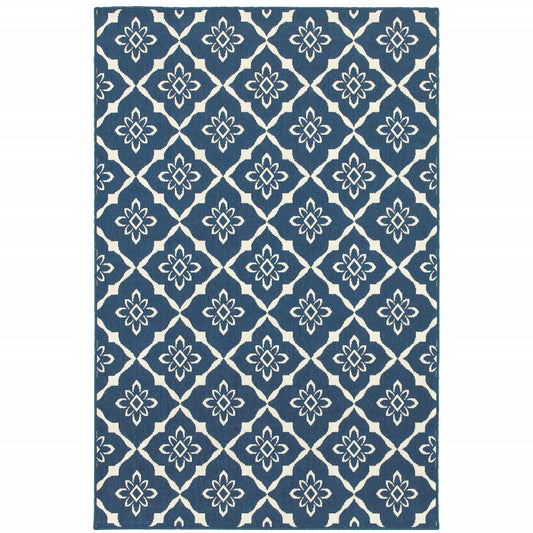 5' x 8' Blue and Ivory Floral Stain Resistant Indoor Outdoor Area Rug