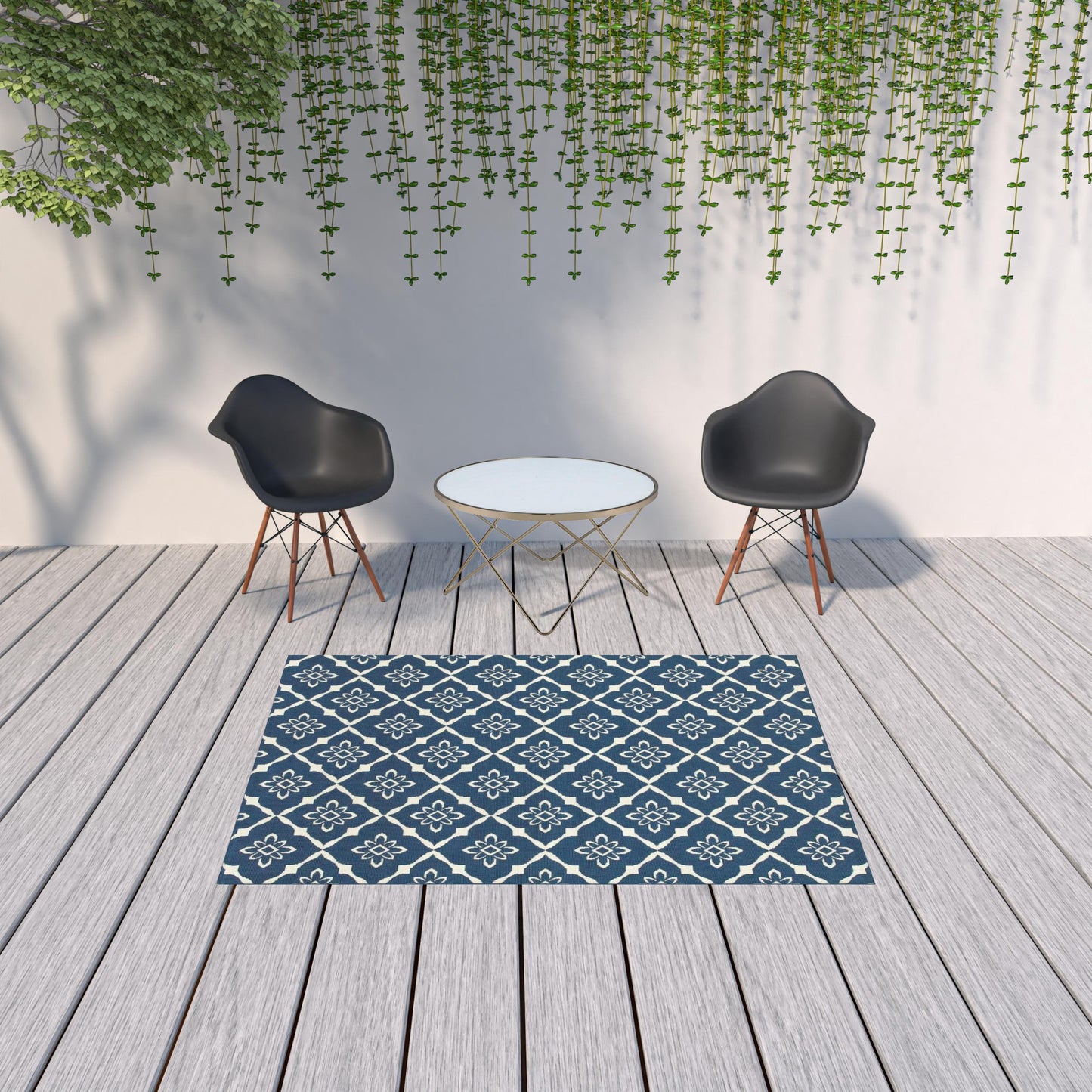 5' x 8' Blue and Ivory Floral Stain Resistant Indoor Outdoor Area Rug