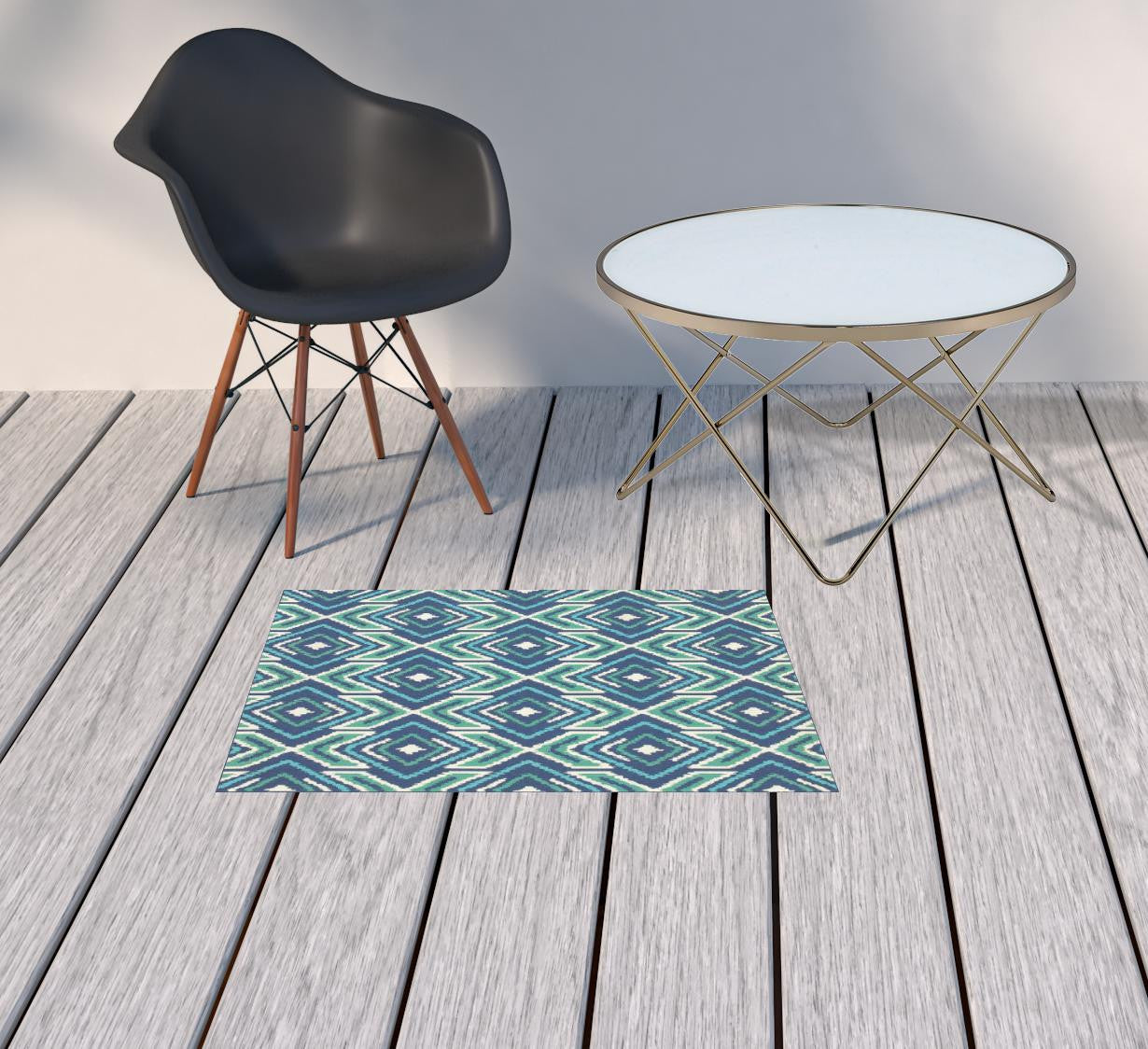 2' x 3' Blue and Ivory Geometric Stain Resistant Indoor Outdoor Area Rug