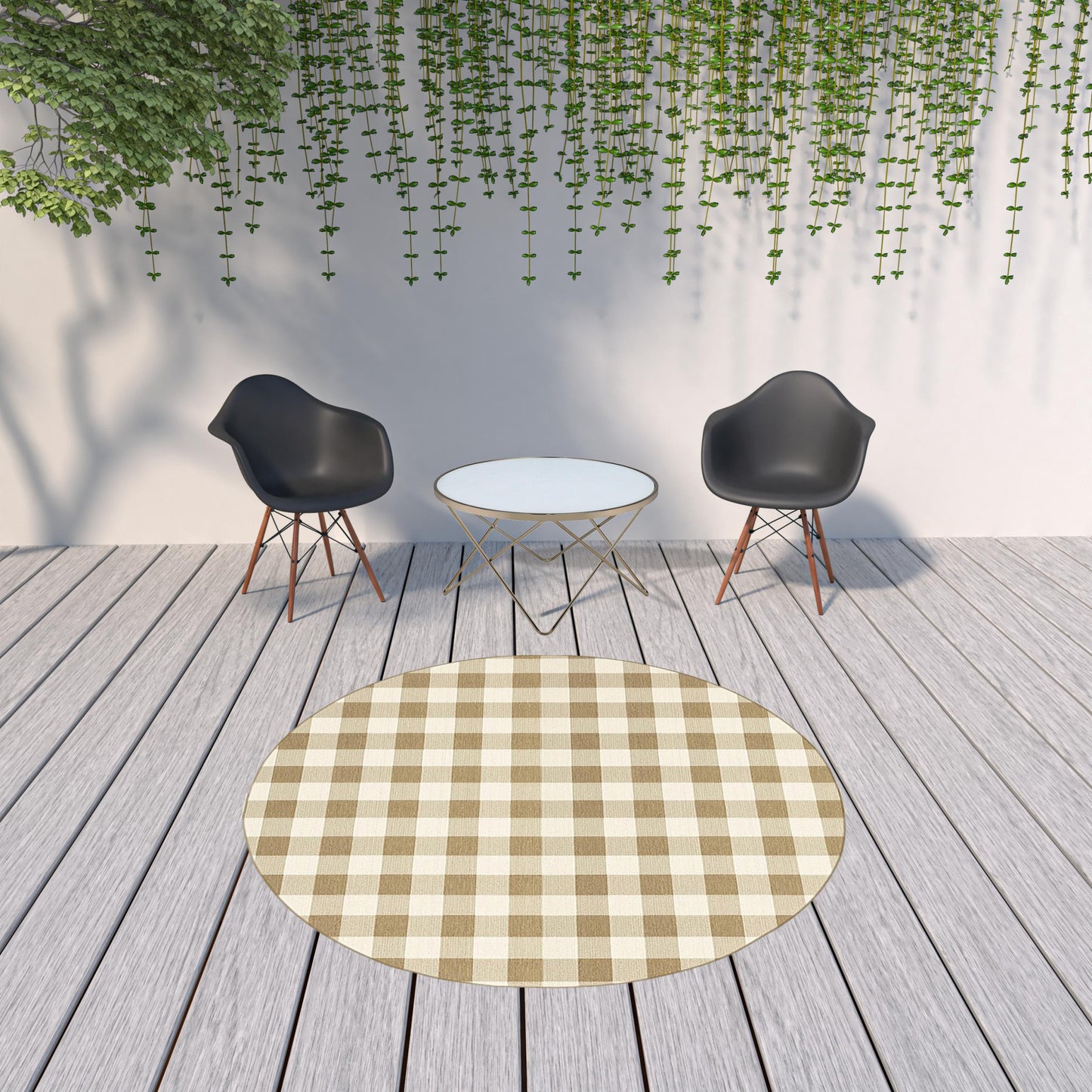 8' x 8' Gray and Ivory Round Geometric Stain Resistant Indoor Outdoor Area Rug