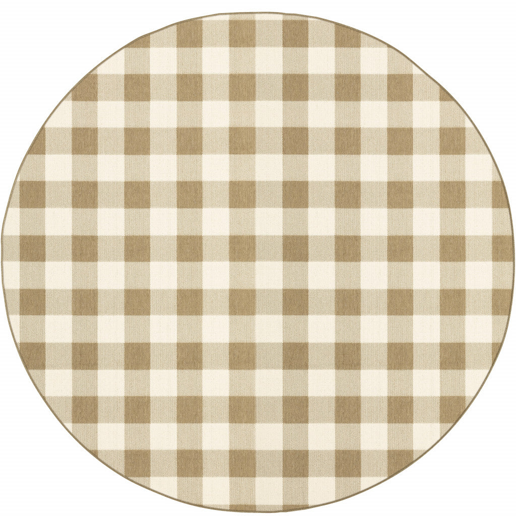 8' x 8' Gray and Ivory Round Geometric Stain Resistant Indoor Outdoor Area Rug