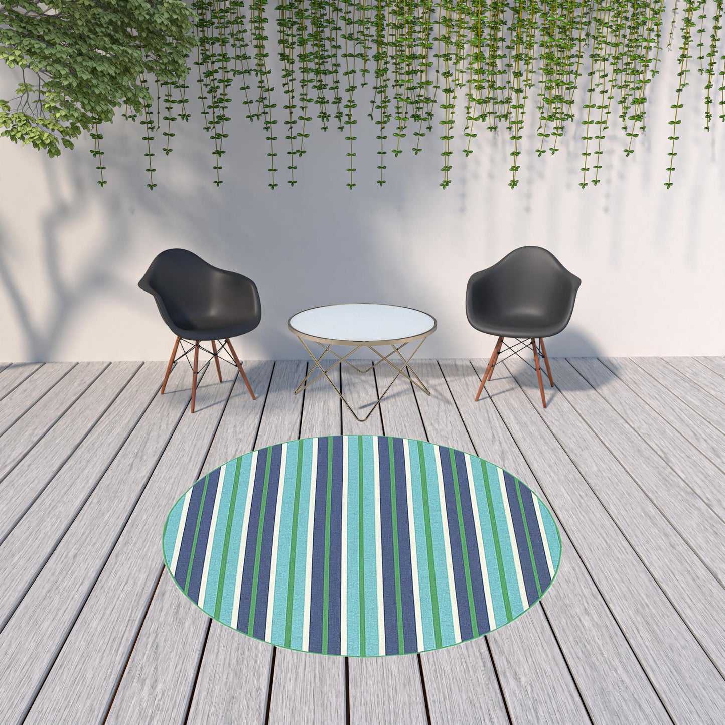 8' x 8' Blue and Green Round Geometric Stain Resistant Indoor Outdoor Area Rug