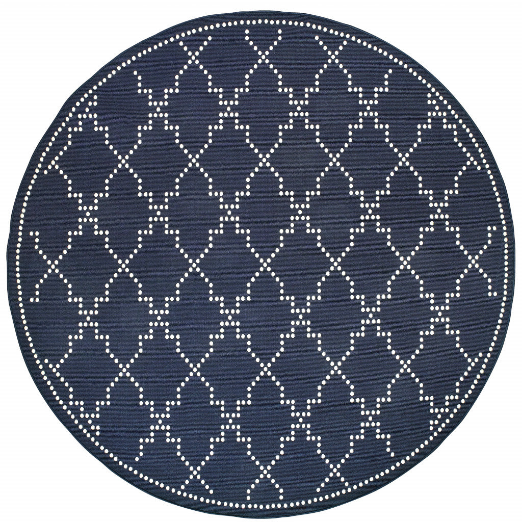 8' x 8' Blue and Ivory Round Geometric Stain Resistant Indoor Outdoor Area Rug