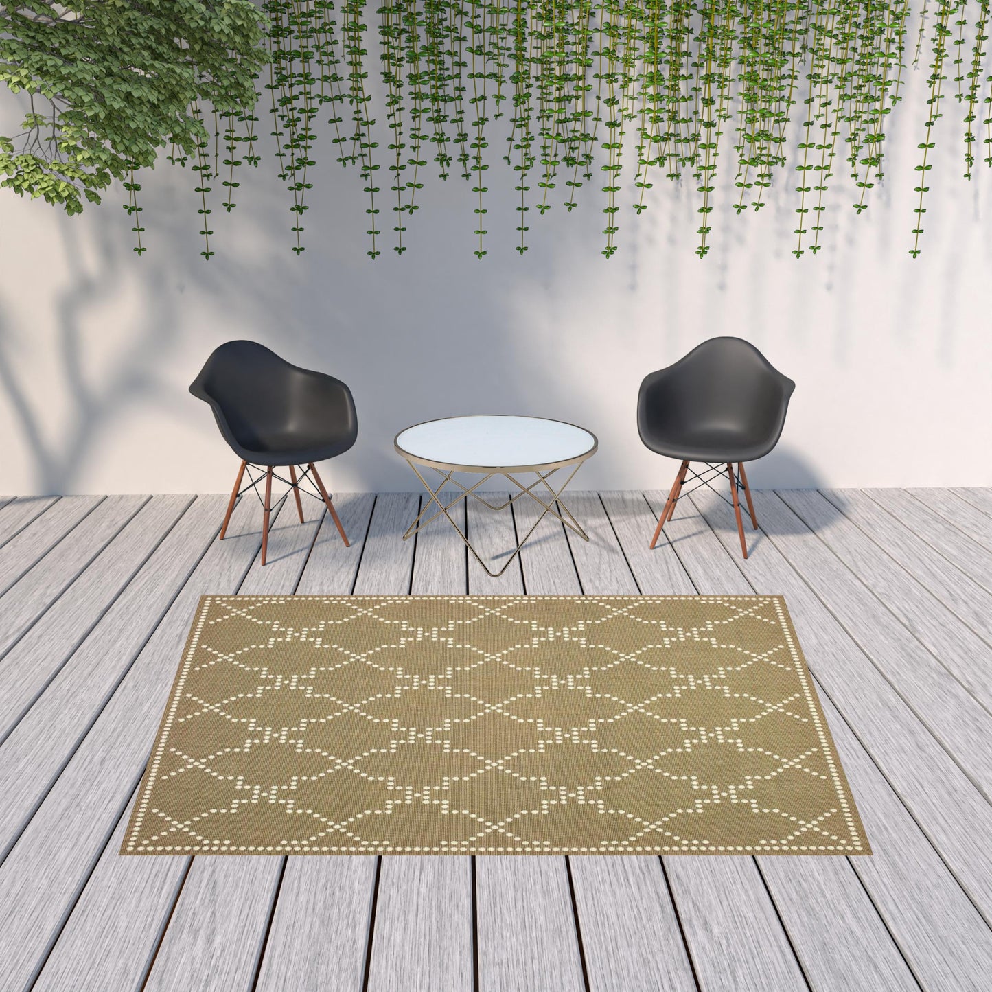 7' x 10' Tan Geometric Stain Resistant Indoor Outdoor Area Rug