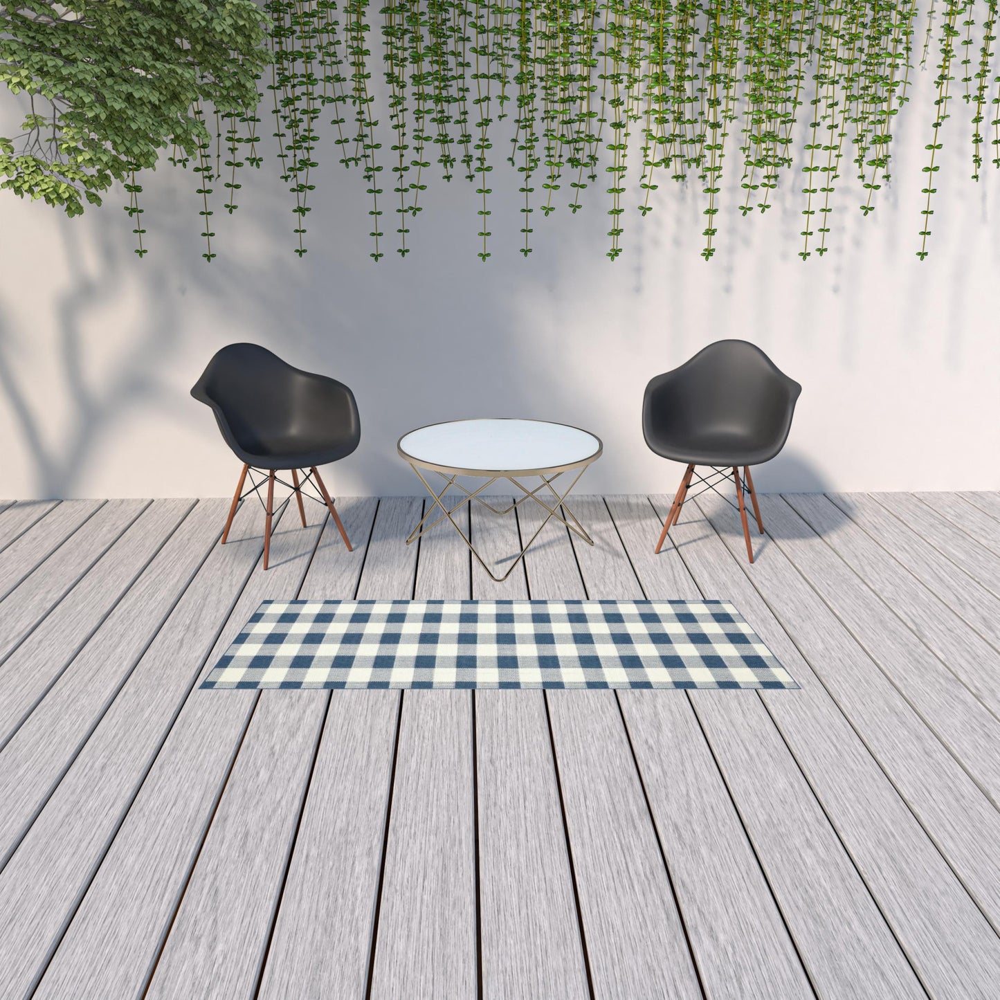 2' X 8' Blue and Ivory Geometric Stain Resistant Indoor Outdoor Area Rug