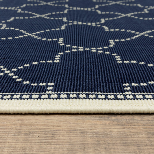 8' x 11' Blue and Ivory Geometric Stain Resistant Indoor Outdoor Area Rug