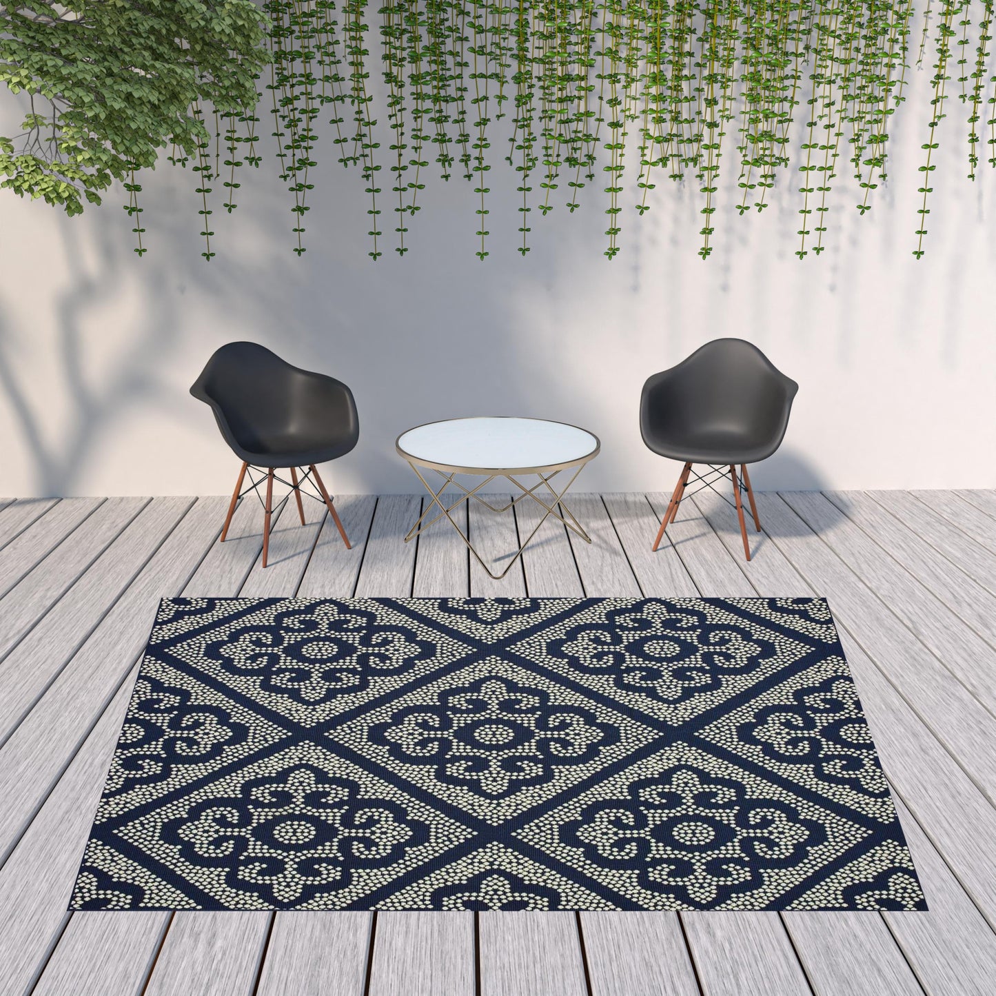 8' x 11' Blue and Ivory Geometric Stain Resistant Indoor Outdoor Area Rug