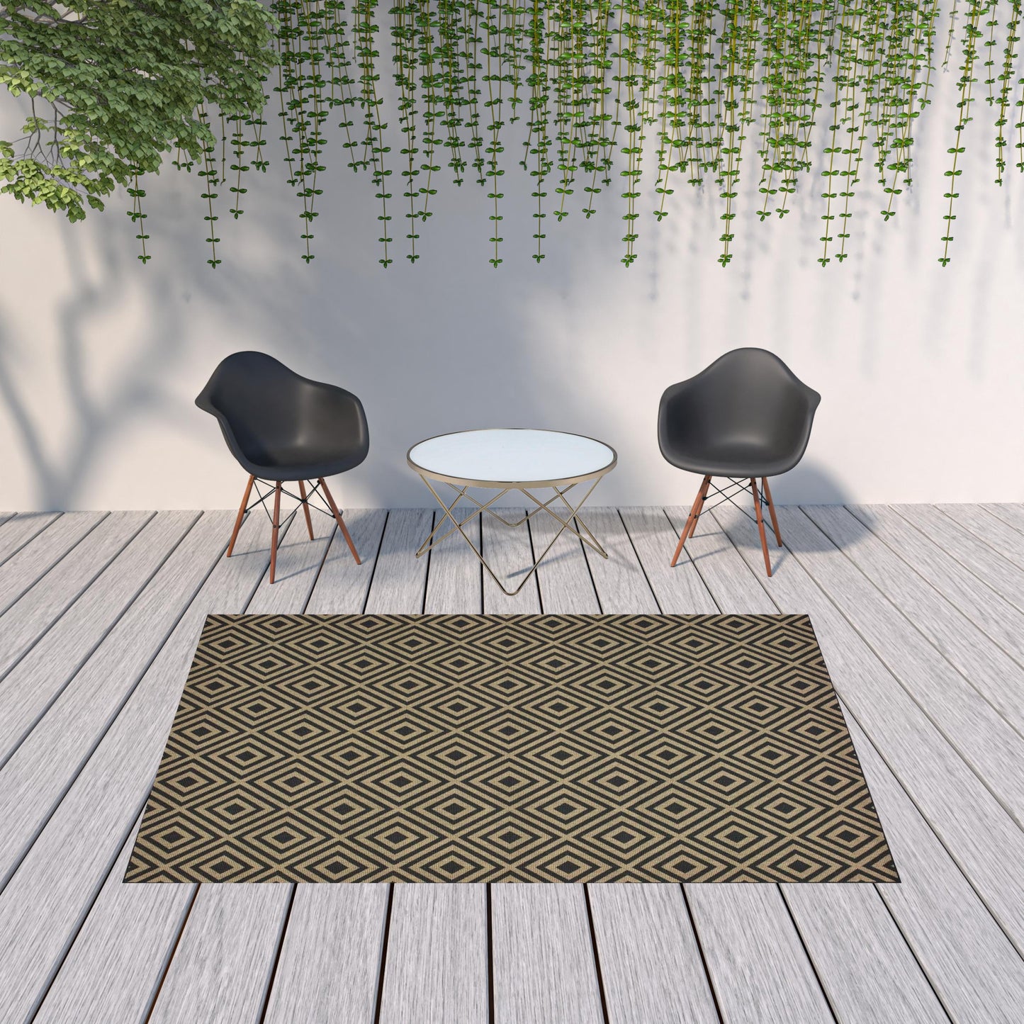 7' x 10' Black and Tan Geometric Stain Resistant Indoor Outdoor Area Rug