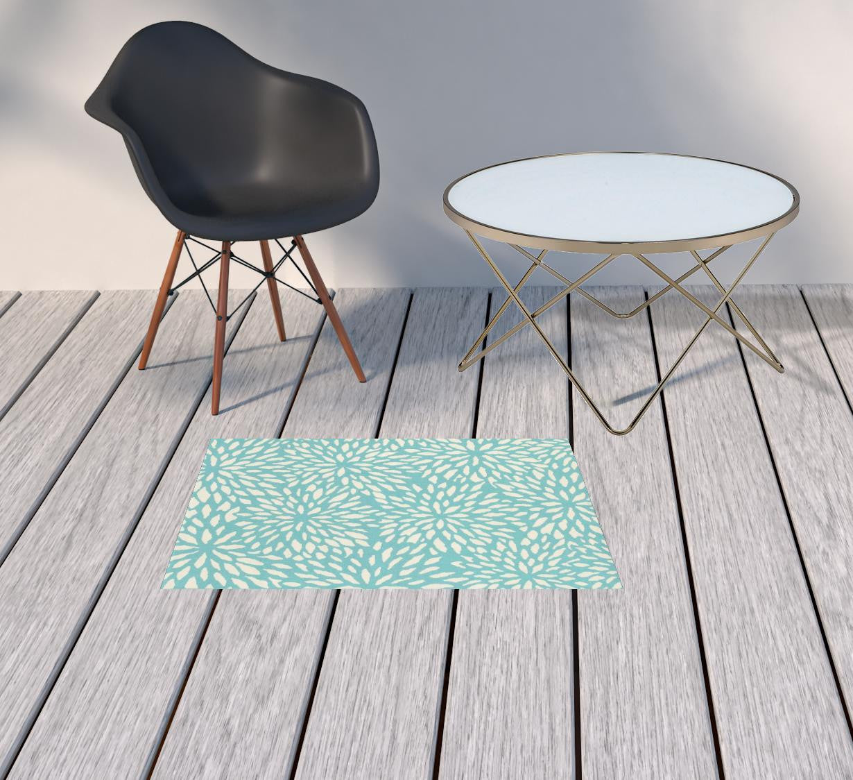 2' x 3' Blue and Ivory Floral Stain Resistant Indoor Outdoor Area Rug