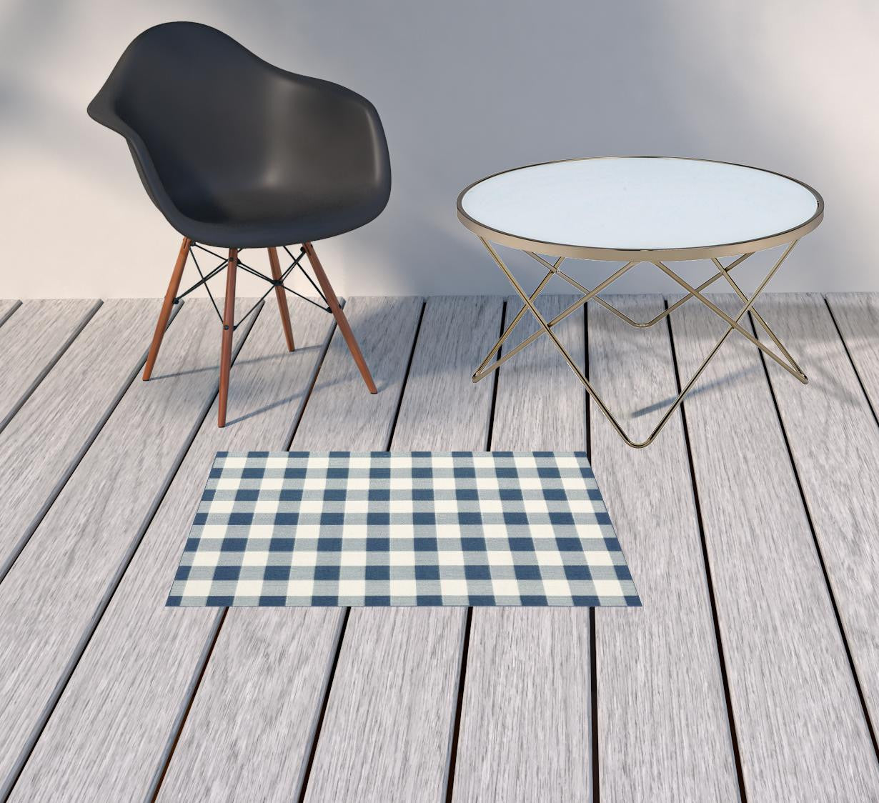 2' x 3' Blue and Ivory Geometric Stain Resistant Indoor Outdoor Area Rug