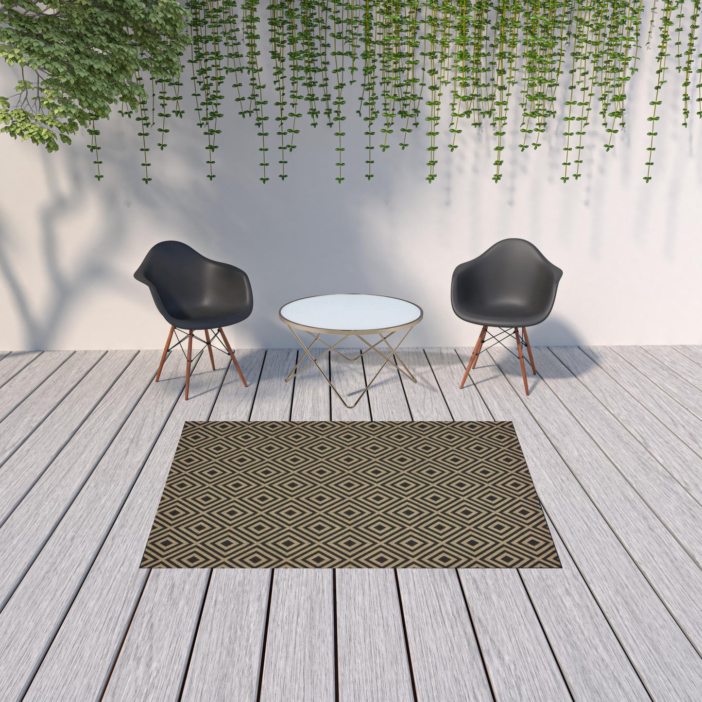 5' x 8' Black and Tan Geometric Stain Resistant Indoor Outdoor Area Rug