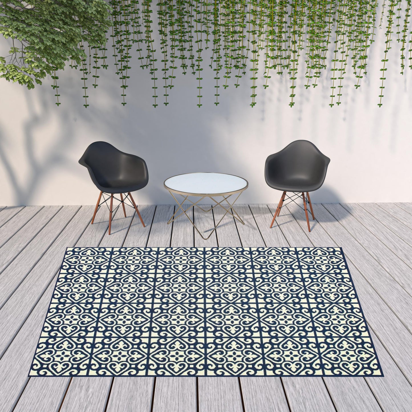 8' x 11' Ivory and Blue Geometric Stain Resistant Indoor Outdoor Area Rug