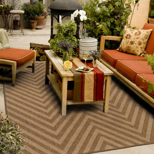 7' x 10' Tan Geometric Stain Resistant Indoor Outdoor Area Rug