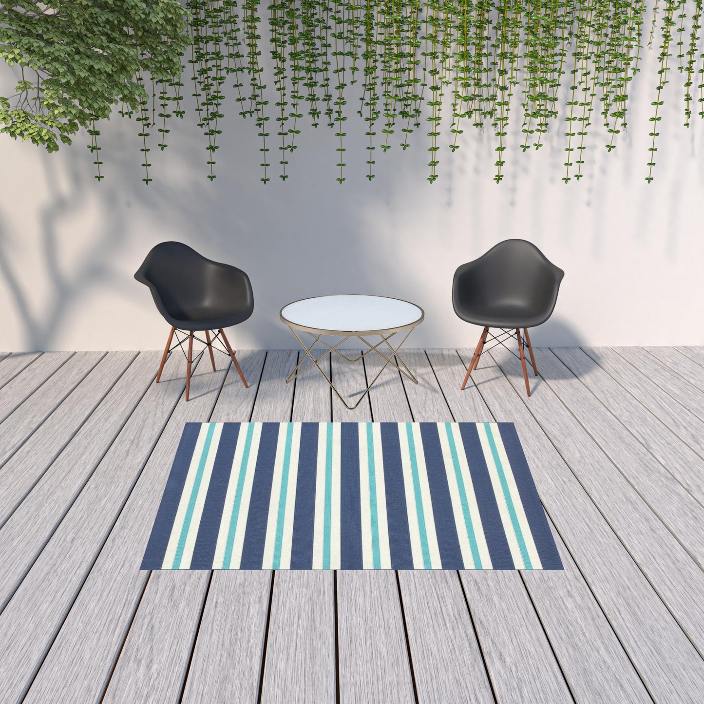 5' x 8' Blue and Ivory Geometric Stain Resistant Indoor Outdoor Area Rug