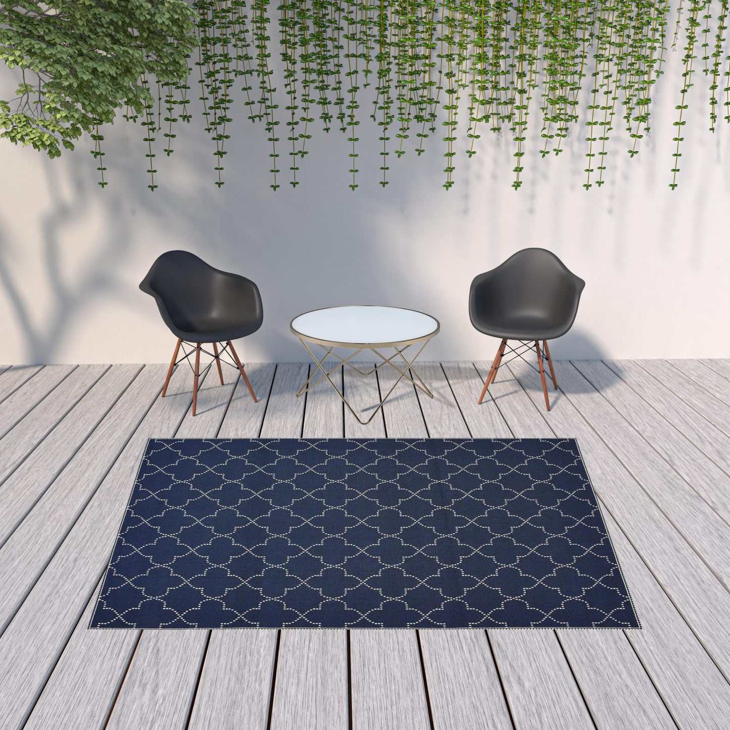 7' x 10' Blue and Ivory Geometric Stain Resistant Indoor Outdoor Area Rug