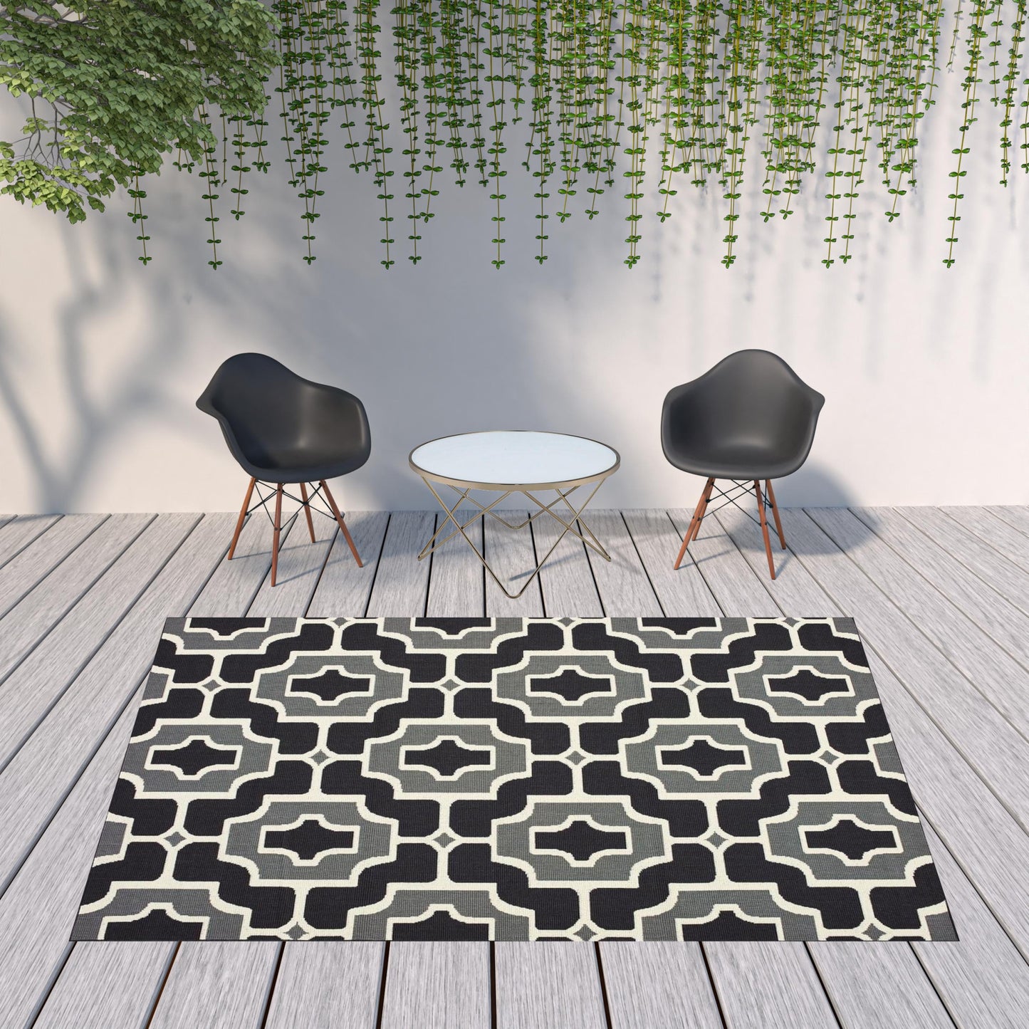 8' x 11' Black and Gray Geometric Stain Resistant Indoor Outdoor Area Rug