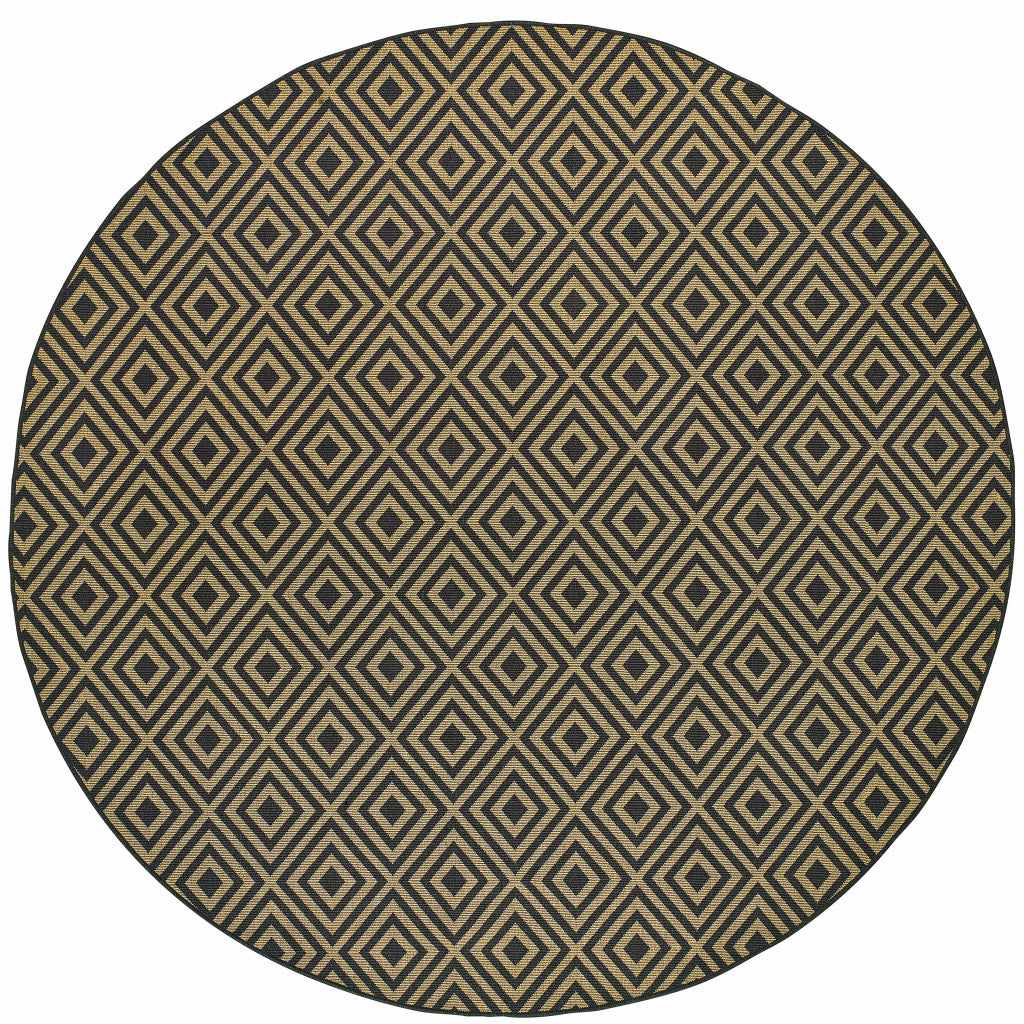 8' x 8' Black and Tan Round Geometric Stain Resistant Indoor Outdoor Area Rug