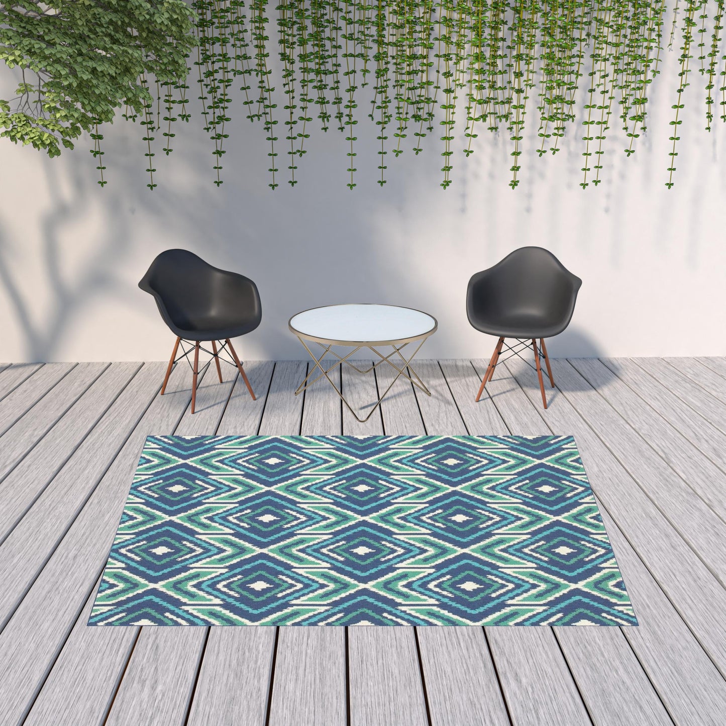 7' x 10' Blue and Ivory Geometric Stain Resistant Indoor Outdoor Area Rug