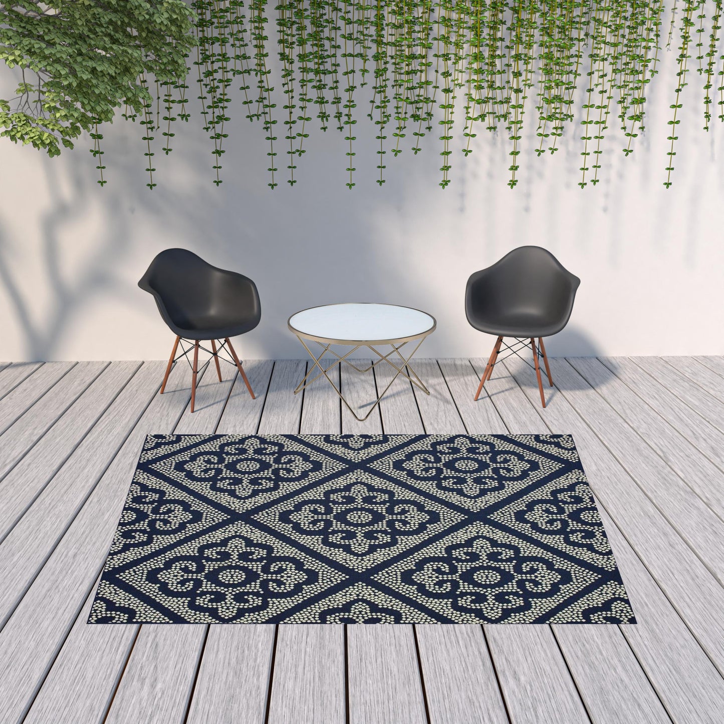 7' x 10' Blue and Ivory Geometric Stain Resistant Indoor Outdoor Area Rug