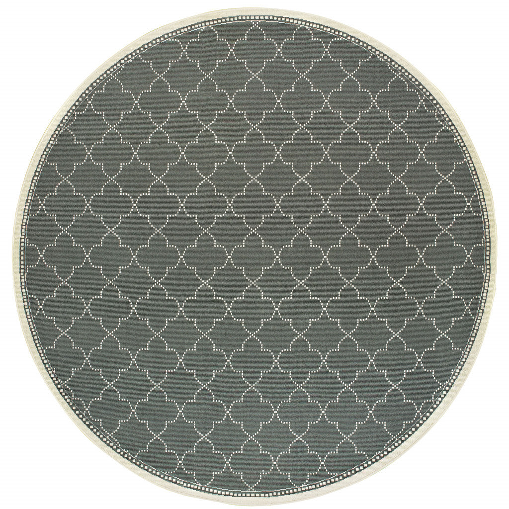 8' x 8' Gray and Ivory Round Geometric Stain Resistant Indoor Outdoor Area Rug