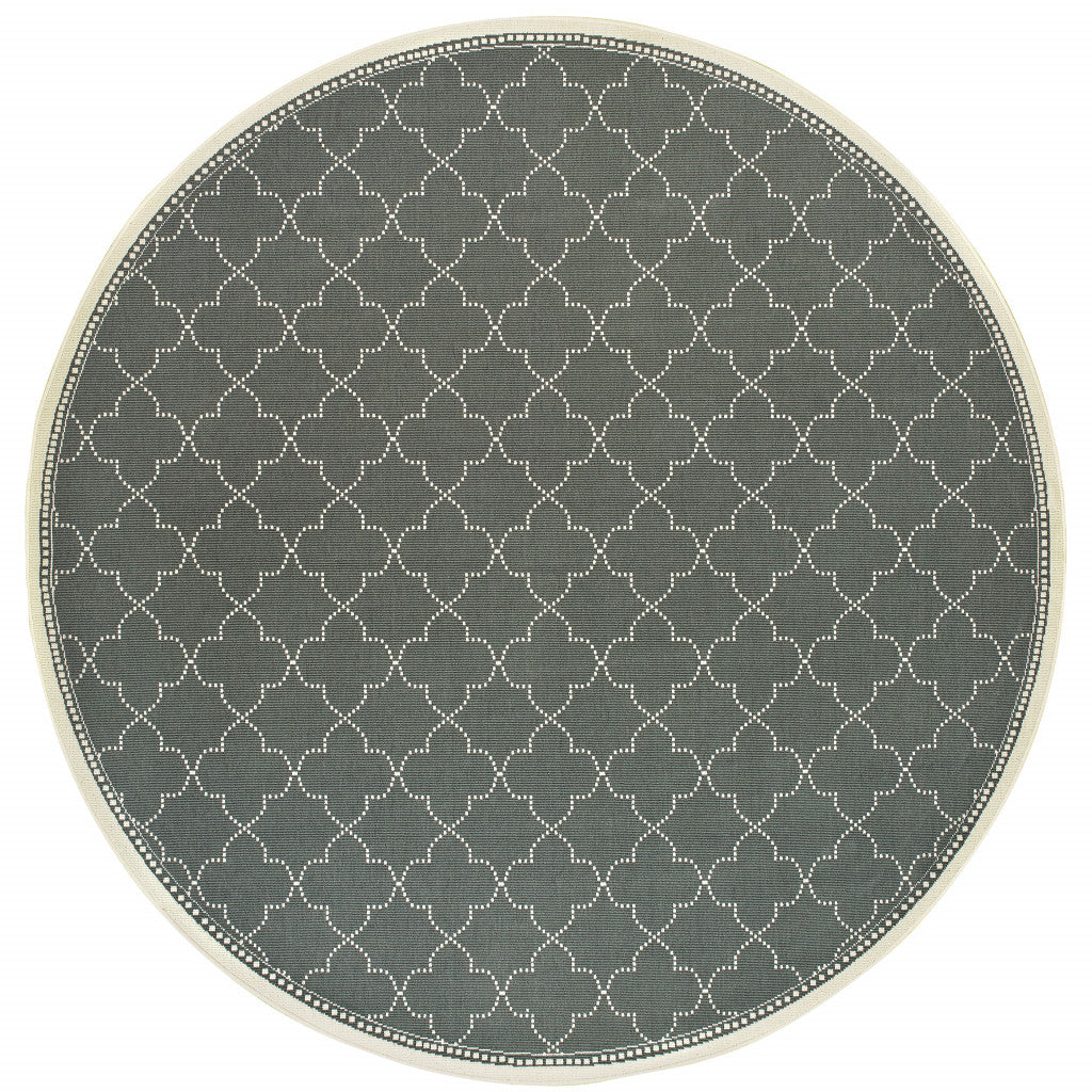 8' x 8' Gray and Ivory Round Geometric Stain Resistant Indoor Outdoor Area Rug