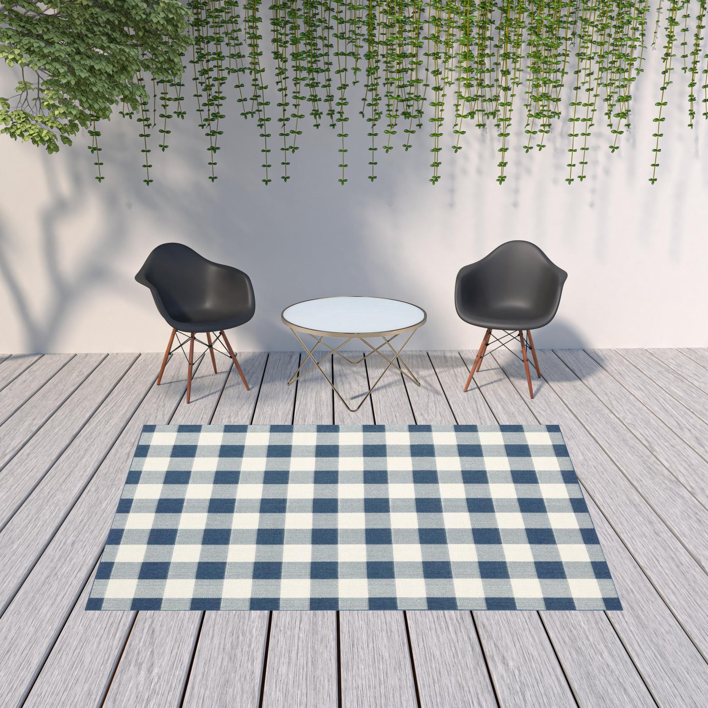 7' x 10' Blue and Ivory Geometric Stain Resistant Indoor Outdoor Area Rug