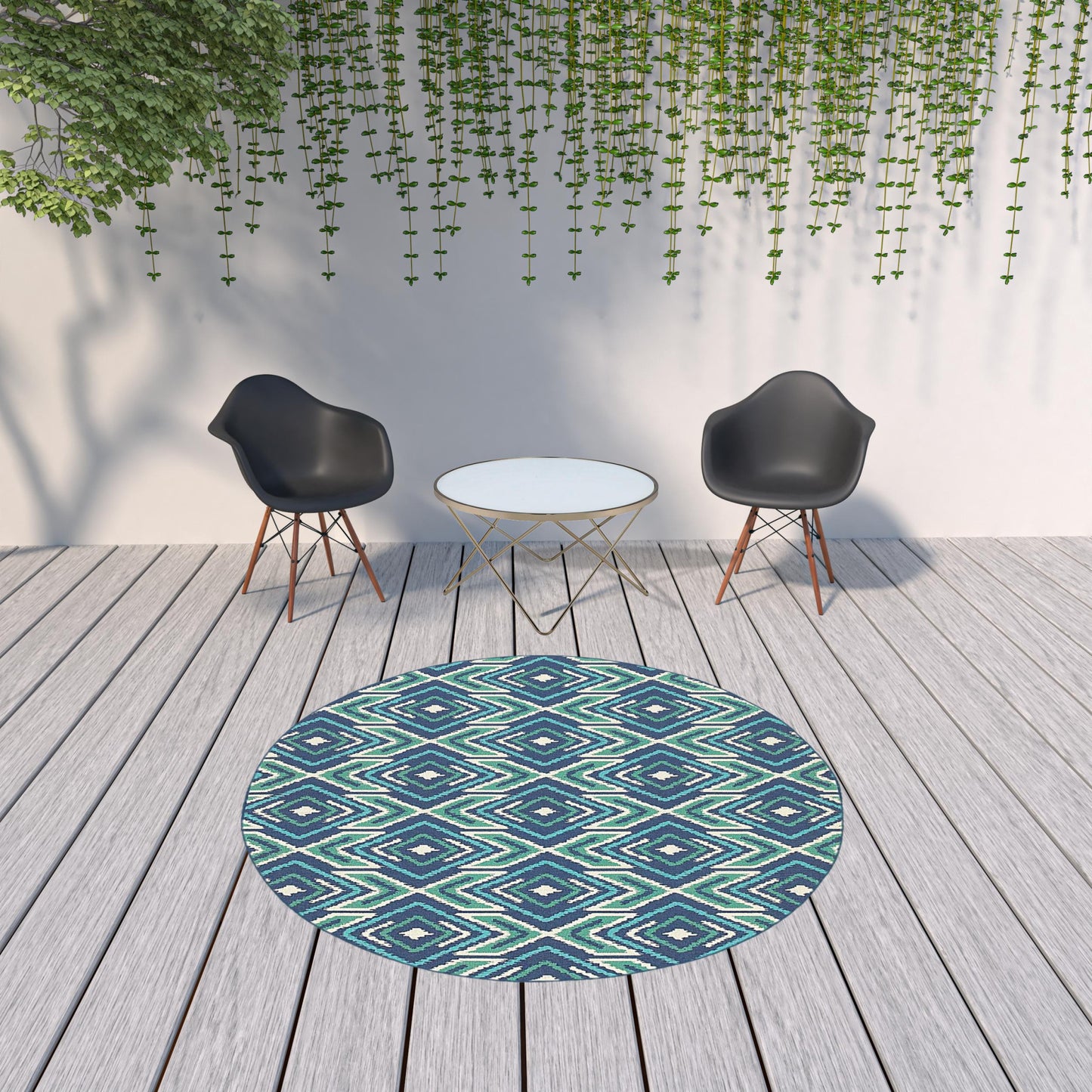 8' x 8' Blue and Ivory Round Geometric Stain Resistant Indoor Outdoor Area Rug
