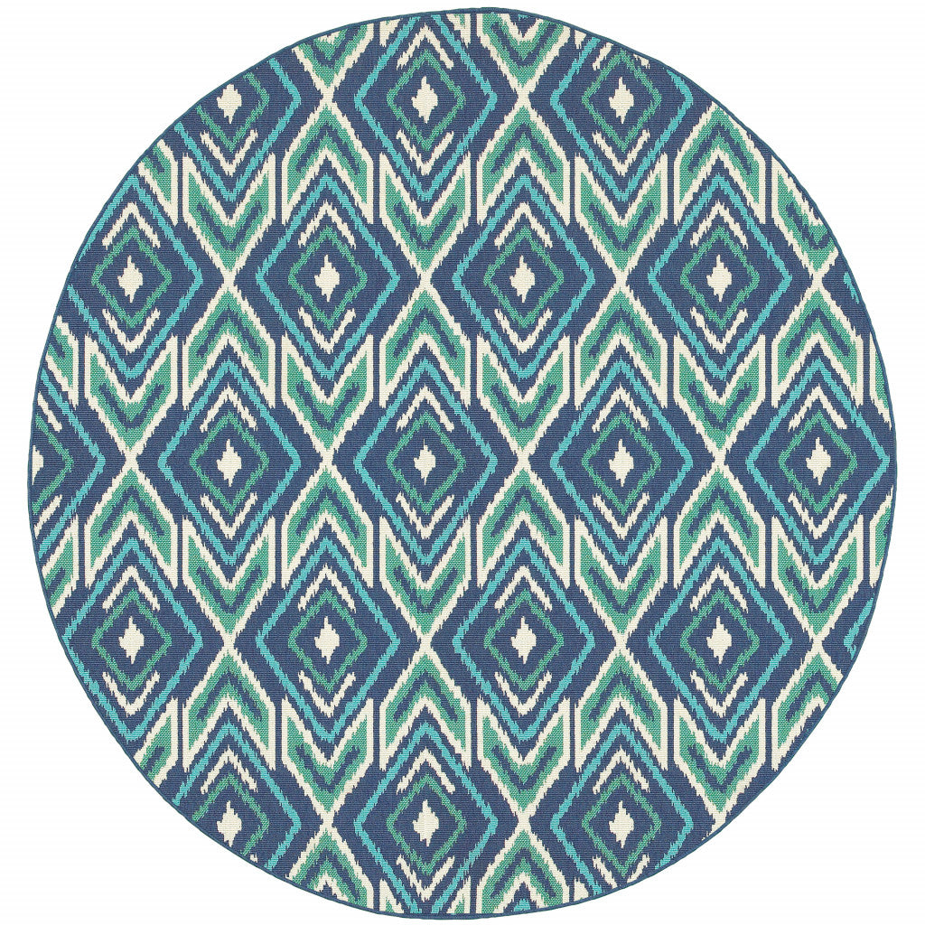 8' x 8' Blue and Ivory Round Geometric Stain Resistant Indoor Outdoor Area Rug