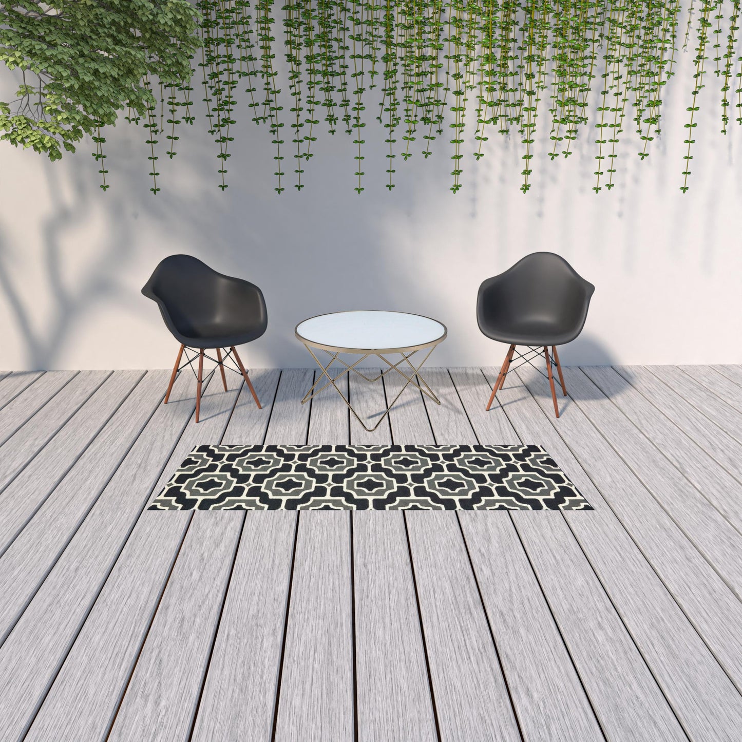 2' X 8' Black and Gray Geometric Stain Resistant Indoor Outdoor Area Rug